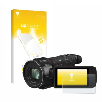 Parte frontal de un envase de producto con el logotipo de la marca upscreen. Al lado se muestra el dispositivo Panasonic HC-VX