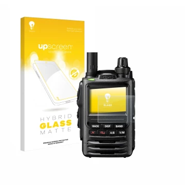 Parte frontal de un envase de producto con el logotipo de la marca upscreen. Al lado se muestra el dispositivo Yaesu FT-3D con