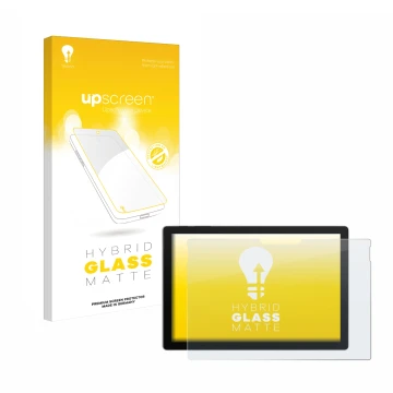 Parte frontal de un envase de producto con el logotipo de la marca upscreen. Al lado se muestra el dispositivo Microsoft Surfa