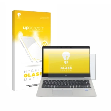 Parte frontal de un envase de producto con el logotipo de la marca upscreen. Al lado se muestra el dispositivo HP EliteBook 84