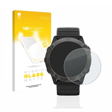 Parte frontal de un envase de producto con el logotipo de la marca upscreen. Al lado se muestra el dispositivo Garmin Fenix 6X