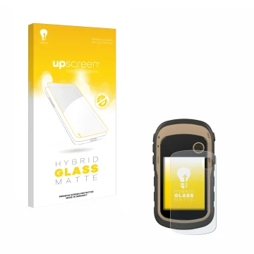 Parte frontal de un envase de producto con el logotipo de la marca upscreen. Al lado se muestra el dispositivo Garmin eTrex 32