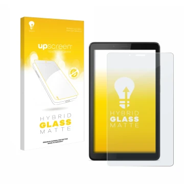 Parte frontal de un envase de producto con el logotipo de la marca upscreen. Al lado se muestra el dispositivo Lenovo Tab M7 c