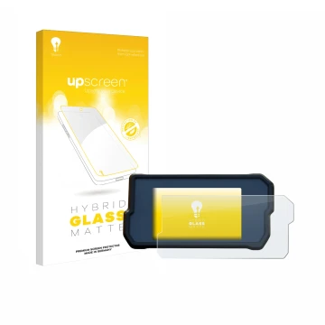 Parte frontal de un envase de producto con el logotipo de la marca upscreen. Al lado se muestra el dispositivo KTM 790 Adventu