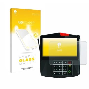 Parte frontal de un envase de producto con el logotipo de la marca upscreen. Al lado se muestra el dispositivo ingenico Lane/7