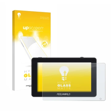 Parte frontal de un envase de producto con el logotipo de la marca upscreen. Al lado se muestra el dispositivo Feelworld F6 Pl