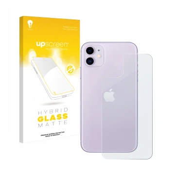 Parte frontal de un envase de producto con el logotipo de la marca upscreen. Al lado se muestra el dispositivo Apple iPhone 11