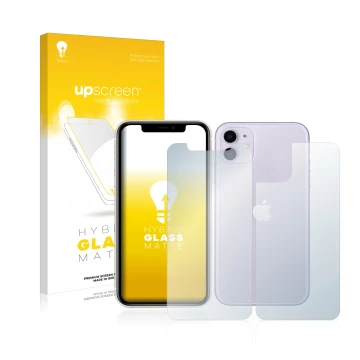 Parte frontal de un envase de producto con el logotipo de la marca upscreen. Al lado se muestra el dispositivo Apple iPhone 11