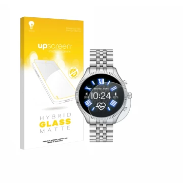 Parte frontal de un envase de producto con el logotipo de la marca upscreen. Al lado se muestra el dispositivo Michael Kors Ac