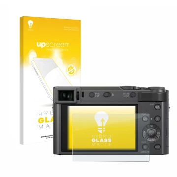 Parte frontal de un envase de producto con el logotipo de la marca upscreen. Al lado se muestra el dispositivo Panasonic Lumix