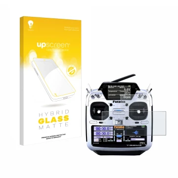 Parte frontal de un envase de producto con el logotipo de la marca upscreen. Al lado se muestra el dispositivo Robbe Futaba T3