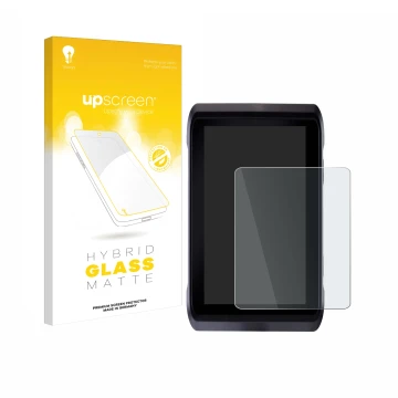 Parte frontal de un envase de producto con el logotipo de la marca upscreen. Al lado se muestra el dispositivo Atomos Shogun 7