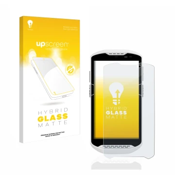 Parte frontal de un envase de producto con el logotipo de la marca upscreen. Al lado se muestra el dispositivo Zebra TC57 con 