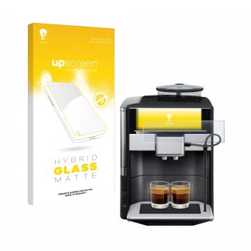 Parte frontal de un envase de producto con el logotipo de la marca upscreen. Al lado se muestra el dispositivo Siemens EQ.6 pl