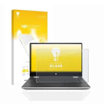 Parte frontal de un envase de producto con el logotipo de la marca upscreen. Al lado se muestra el dispositivo HP Pavilion x36