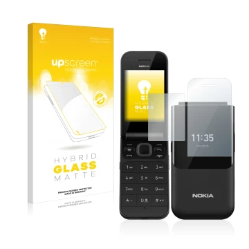 Parte frontal de un envase de producto con el logotipo de la marca upscreen. Al lado se muestra el dispositivo Nokia 2720 Flip