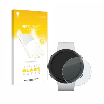 Parte frontal de un envase de producto con el logotipo de la marca upscreen. Al lado se muestra el dispositivo Garmin Swim 2 c