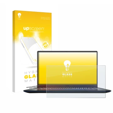 Parte frontal de un envase de producto con el logotipo de la marca upscreen. Al lado se muestra el dispositivo MSI Prestige 14