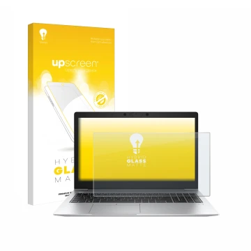Parte frontal de un envase de producto con el logotipo de la marca upscreen. Al lado se muestra el dispositivo HP EliteBook 85