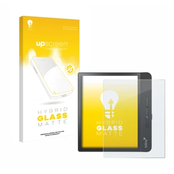 Parte frontal de un envase de producto con el logotipo de la marca upscreen. Al lado se muestra el dispositivo Tolino Epos 2 c