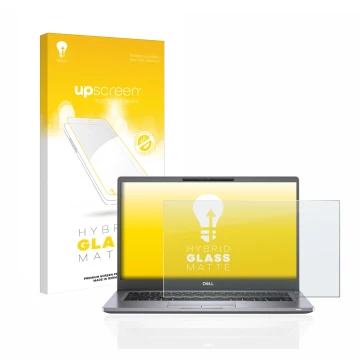 Parte frontal de un envase de producto con el logotipo de la marca upscreen. Al lado se muestra el dispositivo Dell Latitude 7