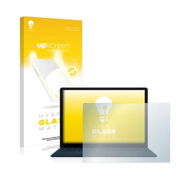 Parte frontal de un envase de producto con el logotipo de la marca upscreen. Al lado se muestra el dispositivo Microsoft Surfa