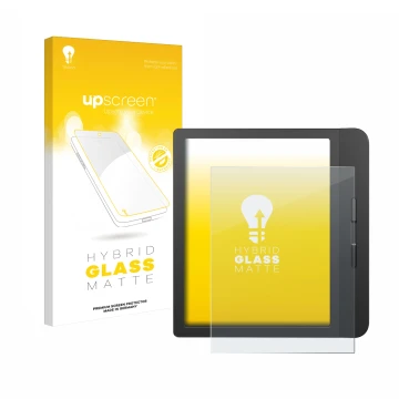 Parte frontal de un envase de producto con el logotipo de la marca upscreen. Al lado se muestra el dispositivo Tolino Vision 5