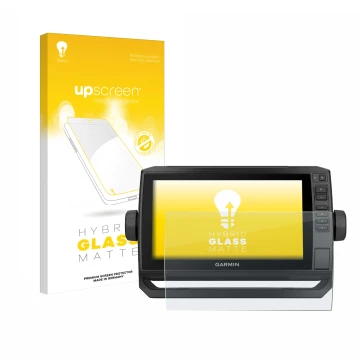Parte frontal de un envase de producto con el logotipo de la marca upscreen. Al lado se muestra el dispositivo Garmin ECHOMAP 