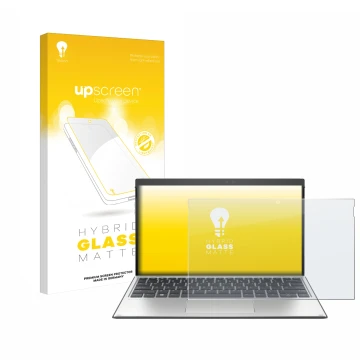 Parte frontal de un envase de producto con el logotipo de la marca upscreen. Al lado se muestra el dispositivo HP Elite x2 G4 