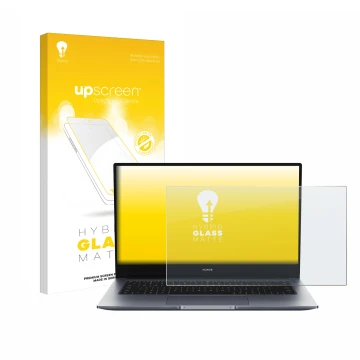 Parte frontal de un envase de producto con el logotipo de la marca upscreen. Al lado se muestra el dispositivo Honor MagicBook