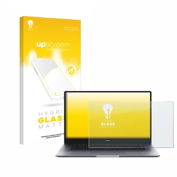 Parte frontal de un envase de producto con el logotipo de la marca upscreen. Al lado se muestra el dispositivo Honor MagicBook