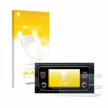 Parte frontal de un envase de producto con el logotipo de la marca upscreen. Al lado se muestra el dispositivo Nissan Leaf E P