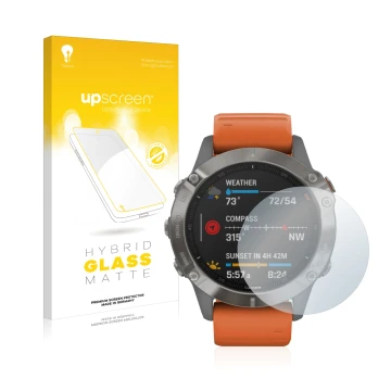 Parte frontal de un envase de producto con el logotipo de la marca upscreen. Al lado se muestra el dispositivo Garmin Fenix 6 