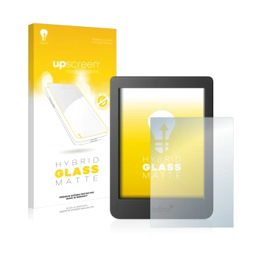 Parte frontal de un envase de producto con el logotipo de la marca upscreen. Al lado se muestra el dispositivo Tolino Page 2 c