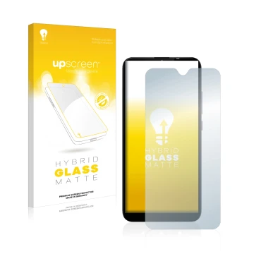 Parte frontal de un envase de producto con el logotipo de la marca upscreen. Al lado se muestra el dispositivo Gigaset GS110 c