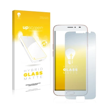 Parte frontal de un envase de producto con el logotipo de la marca upscreen. Al lado se muestra el dispositivo Doro 8080 con s