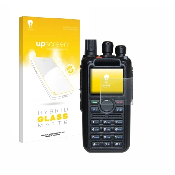 Parte frontal de un envase de producto con el logotipo de la marca upscreen. Al lado se muestra el dispositivo AnyTone AT-D878
