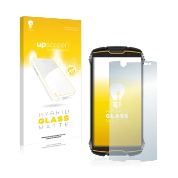 Parte frontal de un envase de producto con el logotipo de la marca upscreen. Al lado se muestra el dispositivo Cubot King Kong