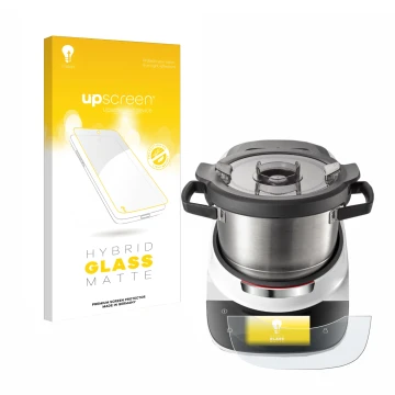 Parte frontal de un envase de producto con el logotipo de la marca upscreen. Al lado se muestra el dispositivo Bosch Cookit co