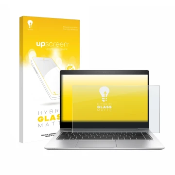 Parte frontal de un envase de producto con el logotipo de la marca upscreen. Al lado se muestra el dispositivo HP EliteBook 84