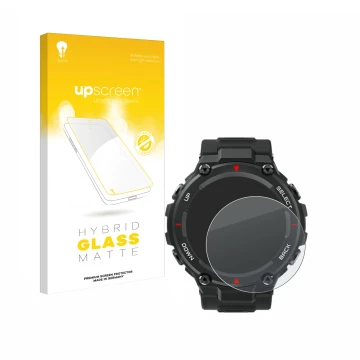 Parte frontal de un envase de producto con el logotipo de la marca upscreen. Al lado se muestra el dispositivo Huami Amazfit T