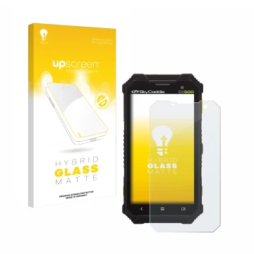 Parte frontal de un envase de producto con el logotipo de la marca upscreen. Al lado se muestra el dispositivo SkyCaddie SX500