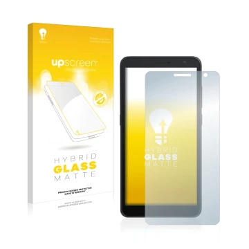 Parte frontal de un envase de producto con el logotipo de la marca upscreen. Al lado se muestra el dispositivo Alcatel 1B 2020