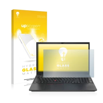 Parte frontal de un envase de producto con el logotipo de la marca upscreen. Al lado se muestra el dispositivo Lenovo ThinkPad