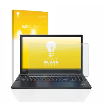 Parte frontal de un envase de producto con el logotipo de la marca upscreen. Al lado se muestra el dispositivo Lenovo ThinkPad