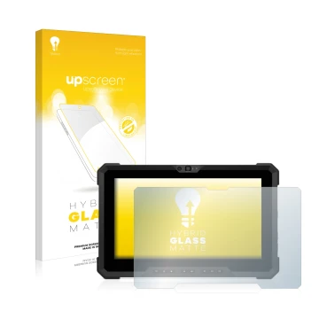 Parte frontal de un envase de producto con el logotipo de la marca upscreen. Al lado se muestra el dispositivo Dell Latitude 7