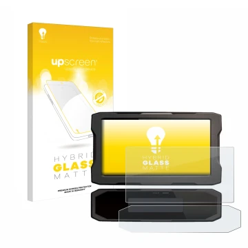 Parte frontal de un envase de producto con el logotipo de la marca upscreen. Al lado se muestra el dispositivo Honda CRF1100L 