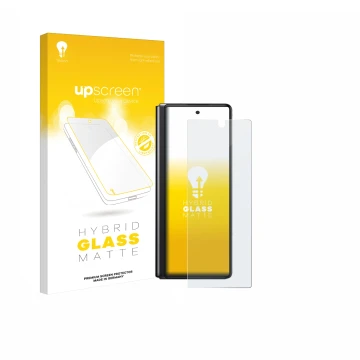 Parte frontal de un envase de producto con el logotipo de la marca upscreen. Al lado se muestra el dispositivo Samsung Galaxy 