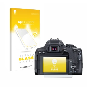 Parte frontal de un envase de producto con el logotipo de la marca upscreen. Al lado se muestra el dispositivo Canon EOS 850D 