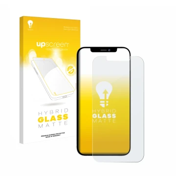 Parte frontal de un envase de producto con el logotipo de la marca upscreen. Al lado se muestra el dispositivo Apple iPhone 12